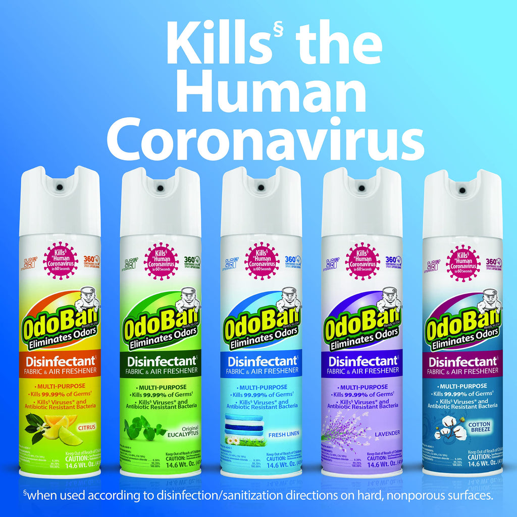 OdoBan Ready-to-Use 360-Degree Continuous Spray Disinfectant and Harsh Aroma Eliminator, Fabric and Air Freshener, 6 Pack, 14.6 Ounces Each, Fresh Linen Scent