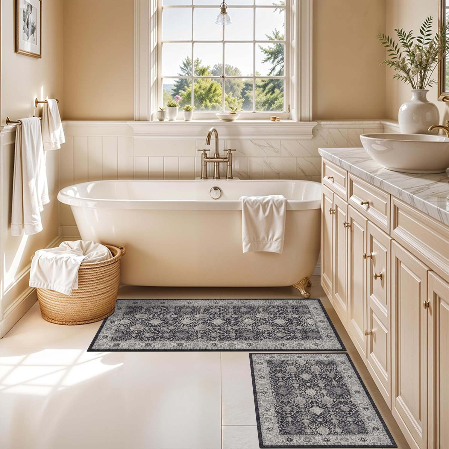 Skiennix Kitchen Sink Rugs Set - Washable Non-Slip Mats for High Traffic Areas | Soft Stain Resistant (2x3 + 2x4, Black)
