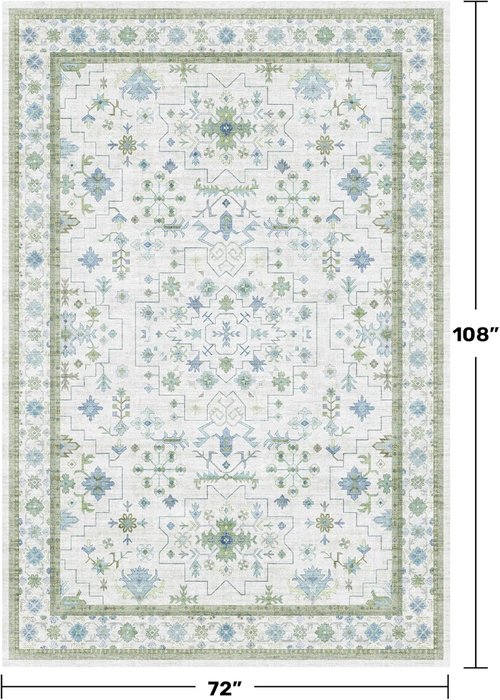 Hazo Haus Cream Oushak 6x9 Area Rug - Boho Floral Design in Cool Blue & Green, Washable Non-Slip Low Pile