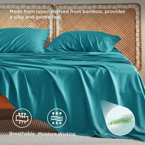 Bedsure King Size Cooling Sheets Set - Breathable Rayon from Bamboo, Soft & Luxurious, Turquoise