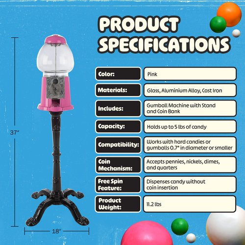 15” Gumball Machine with Stand and Coin Bank - Bubble Gum Machine Candy Dispenser with Glass Globe and Metal Base - Vintage Style Gum Ball Vending Dispenser by Great Northern Popcorn (Pink)