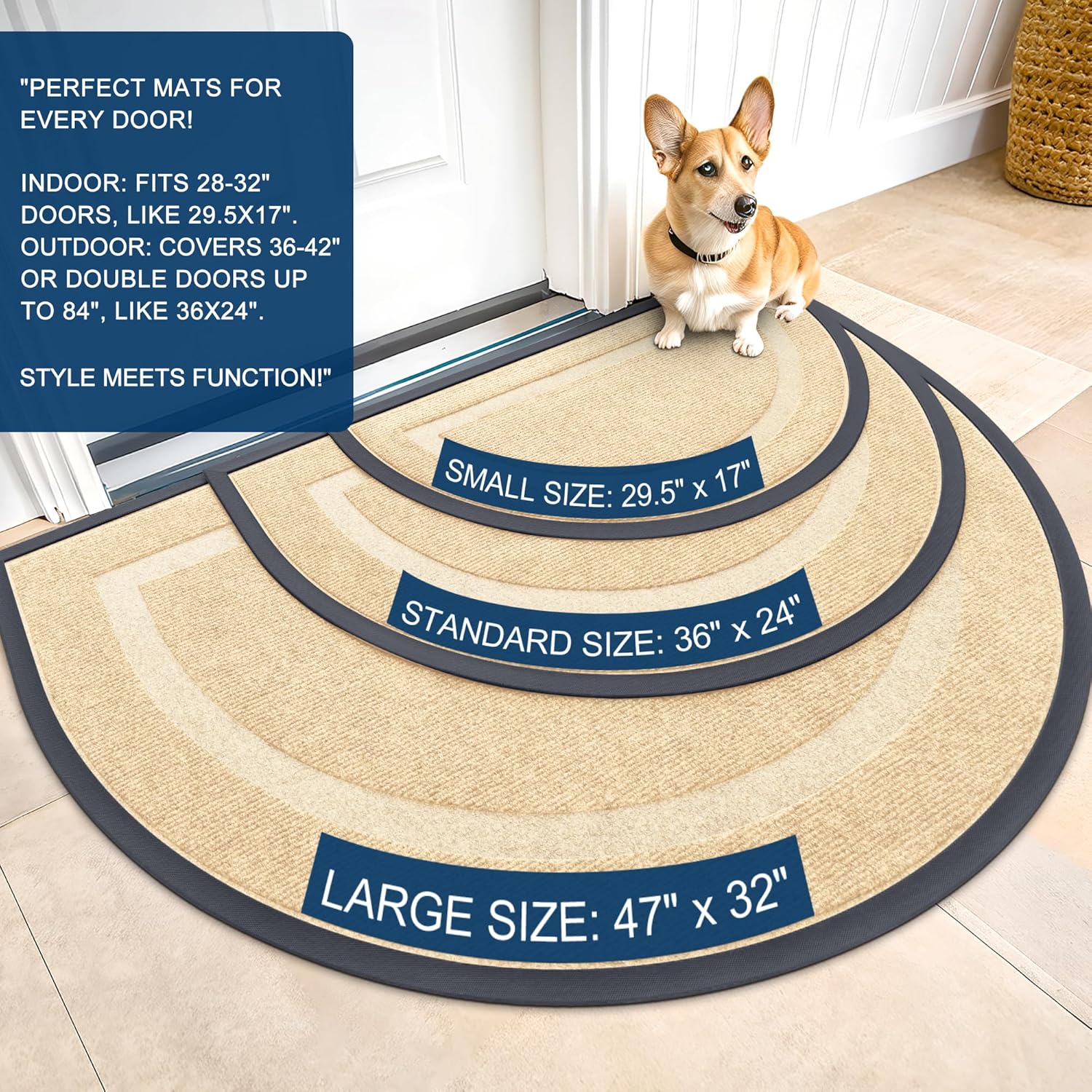 OLANLY Half Circle Door Mat - Waterproof All-Season Indoor/Outdoor Welcome Mat, 29.5x17, Beige