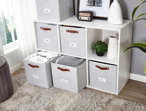 DECOMOMO Storage Cubes - 13x13x13 Fabric Organizer Bins with Labels | Set of 6 in Light Texture Grey