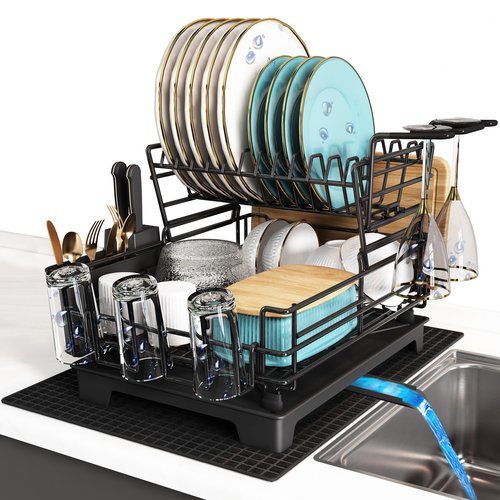 BOOSINY 2 Tier Black Large Stainless Steel Dish Drainers Drying Rack for Kitchen Counter with Drainboard, Rust Proof Metal, Space Saving, Modern Aesthetic, Compact Plates Strainers with Extra Mat