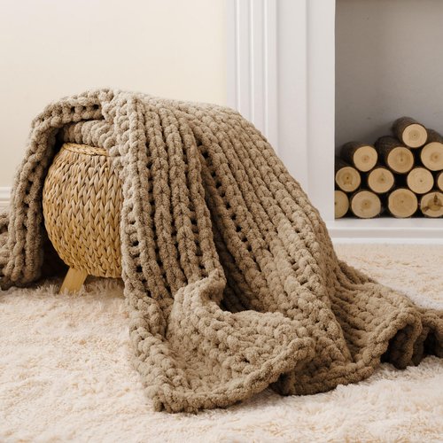 Battilo Beige Chunky Knit Throw Blanket, Soft and Thick Cream Chenille Throw Blanket, 50"x60" Handmade Cable Knit Crochet Blanket, Cozy Knot Knitted Throw Blankets for Couch Home Decor, Taupe