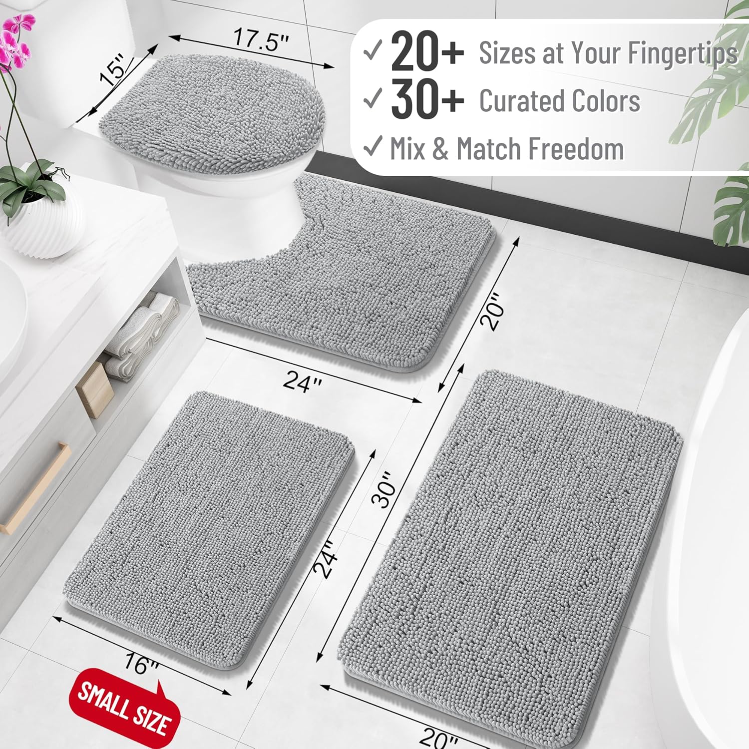 OLANLY Bathroom Rugs - Extra Soft Chenille Bath Mats with Rubber Backing | 24x16, Quick Dry, Light Grey