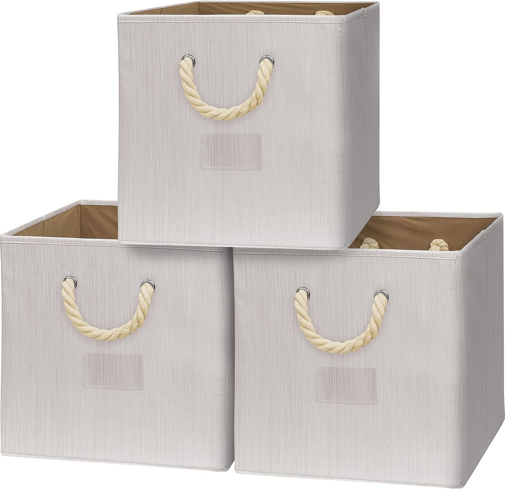 Simple Houseware 13-Inch Cube Storage Bins - Braided Handles, Set of 3, Ivory Color