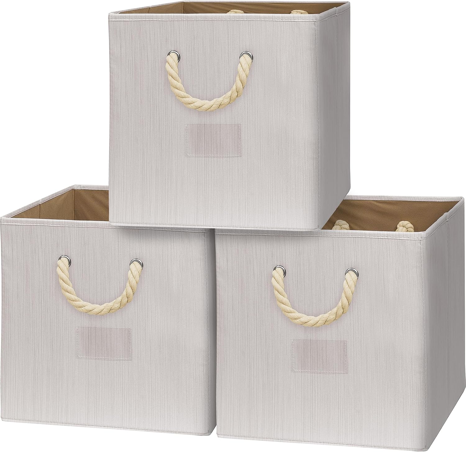 Simple Houseware 13-Inch Cube Storage Bins - Braided Handles, Set of 3, Ivory Color