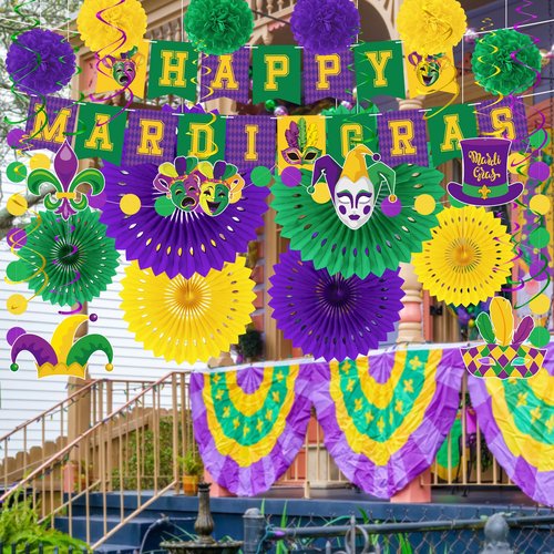 Heartome 25PCS Mardi Gras Decorations, Mardi Gras Party Favors Decor Kit with Paper POMPOM, Happy Carnival Paper Fans Banner Felt Garland, Crown Hanging Swirls for Carnival Party Parade Accessories