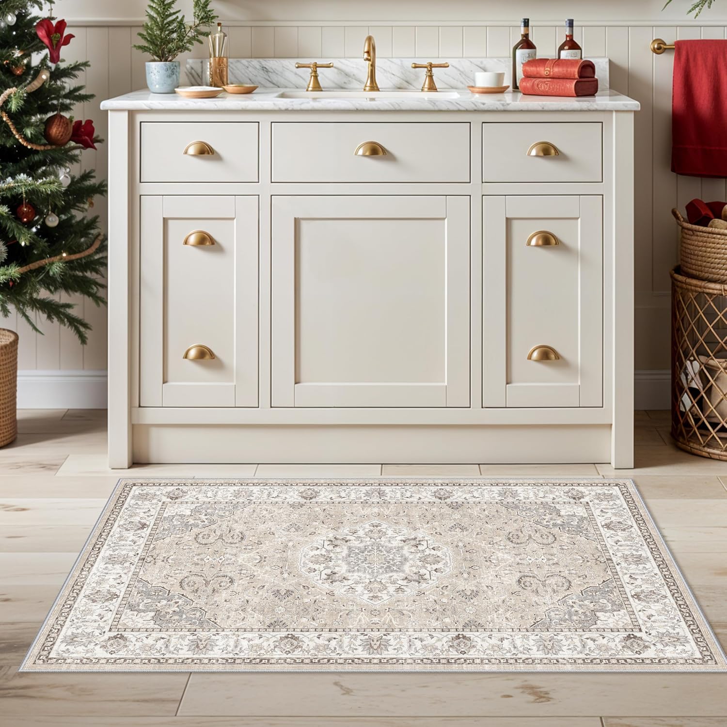 Skiennix Washable 2x3 Entryway Area Rug - Soft Non-Slip Vintage Kitchen Runner in Beige
