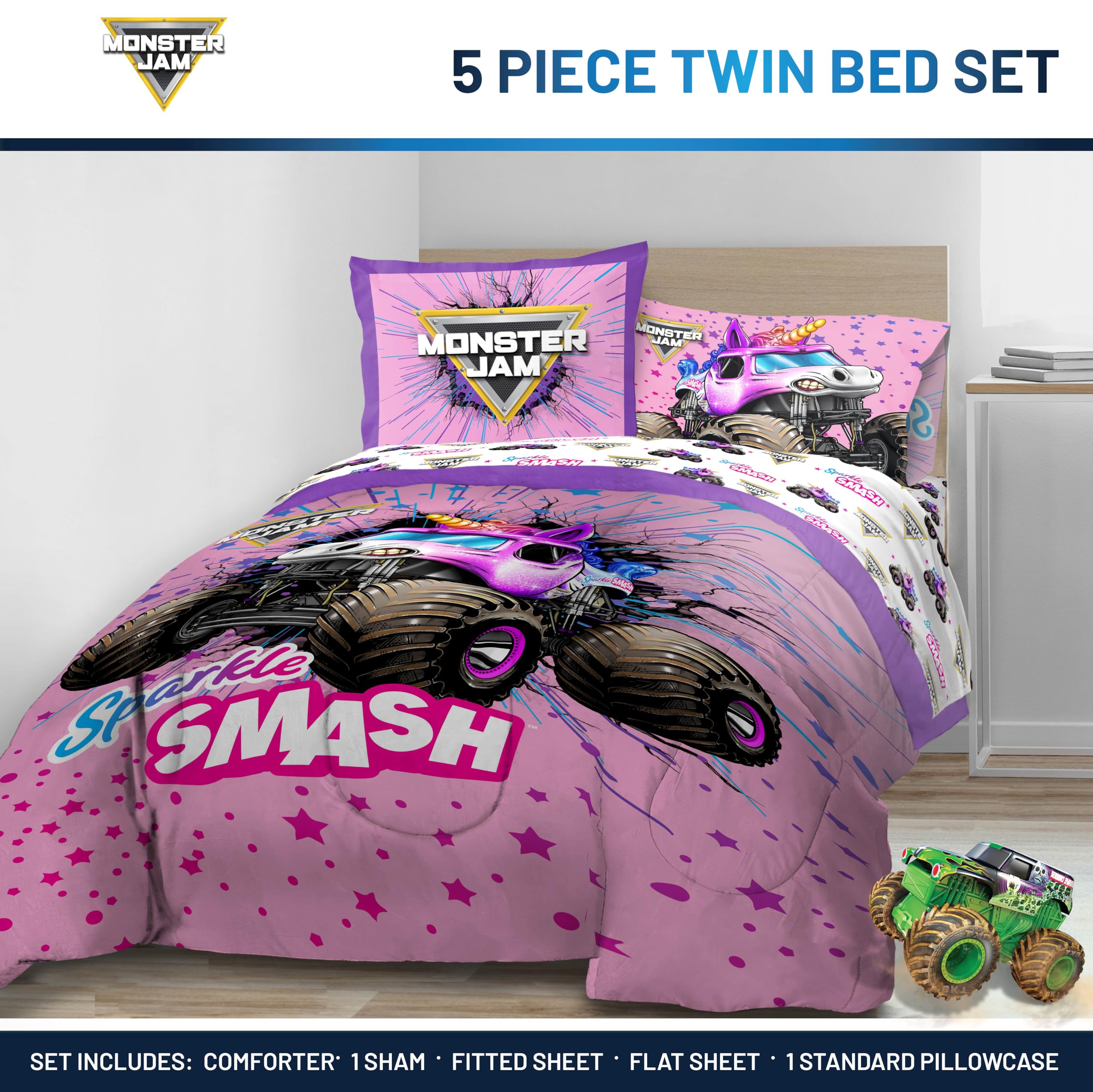 Jay Franco Kids Comforter Set Includes Sheets and Pillow Covers - Soft and Cozy Bed Set for Stylish Room Decor, Pink - Monster Jam, 5 Piece Twin Bedding