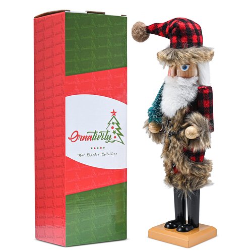Ornativity Christmas Nostalgic Santa Nutcracker – Red and Black Wooden Nut Cracker Santa Clause Man with Buffalo Brown Fur Plaid Coat Holding a Xmas Tree Themed Holiday Doll Figure Decorations 15"