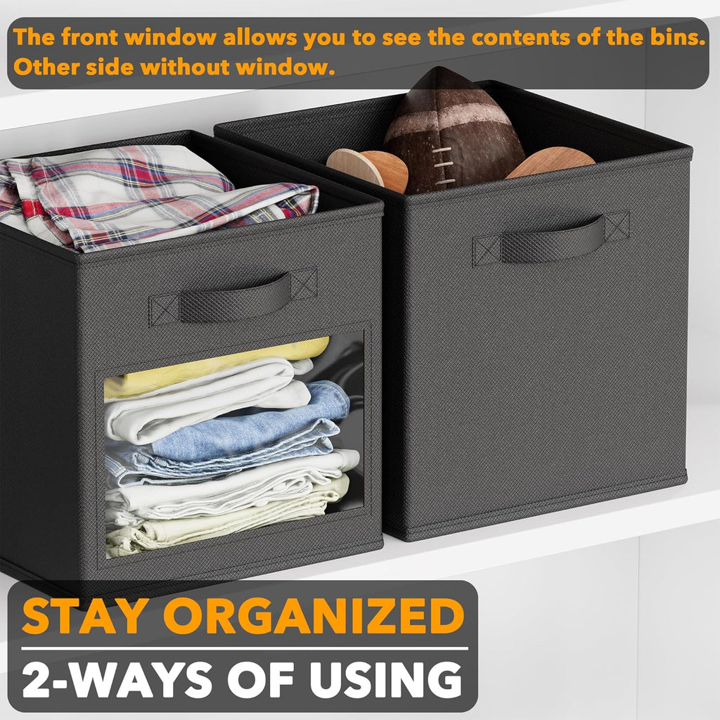 SpaceAid Storage Cubes - Set of 6 Foldable Fabric Bins with Clear Windows | 11 Inch Black Storage Boxes