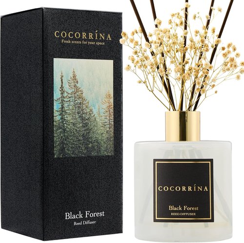 Cocorrína Reed Diffuser - Black Forest Scented 17 Fl. Oz Diffuser with 8 Sticks & Preserved Flowers | Home Decor
