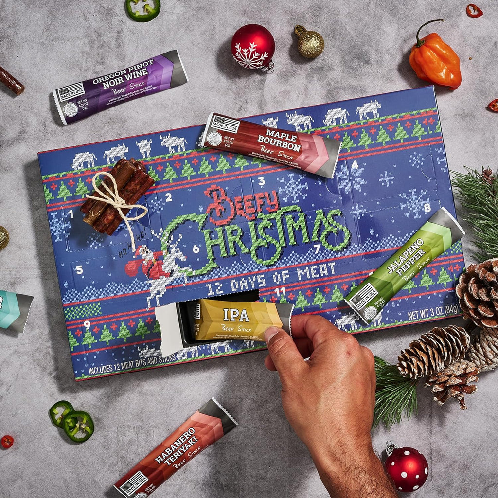 Man Crates 12 Days of Jerky Advent Calendar 2025 - Festive Beef Jerky with Ugly Christmas Sweater Design | 12 Unique Flavors