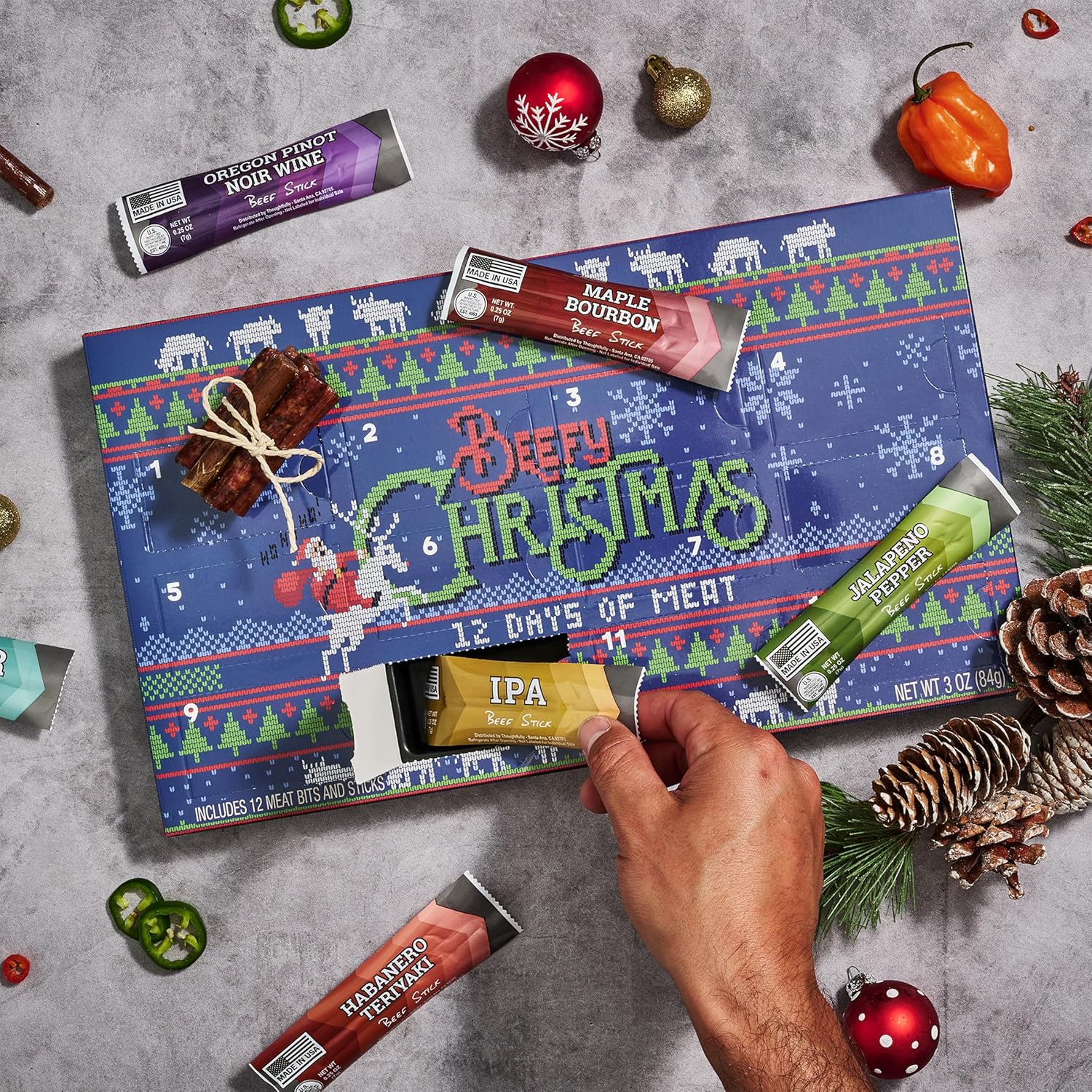 Man Crates 12 Days of Jerky Advent Calendar 2025 - Festive Beef Jerky with Ugly Christmas Sweater Design | 12 Unique Flavors