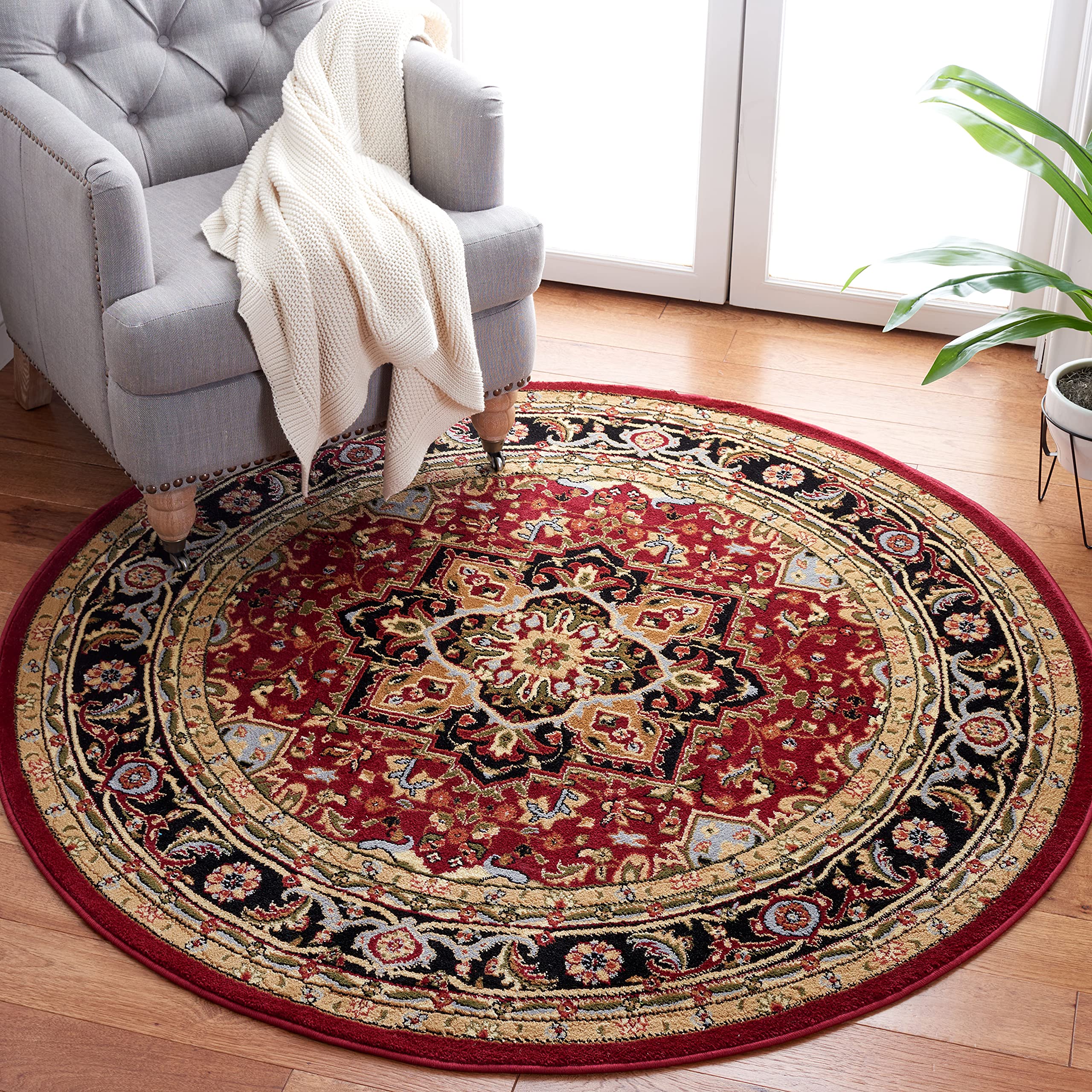 SAFAVIEH Lyndhurst Collection Area Rug - 3'3" Round, Red & Black, Traditional Oriental Design, Non-Shedding & Easy Care, Ideal for High Traffic Areas in Living Room, Bedroom (LNH330B)