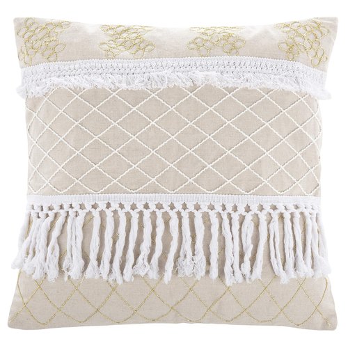 SAFAVIEH Home Gurti White and Beige Boho Fringe Tassel 18-inch Decorative Pillow Pillow