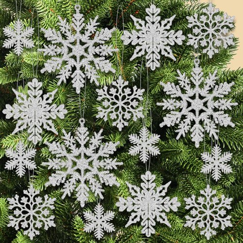 KatchOn Silver Snowflake Decorations - Large Pack of 36 | Glitter Ornaments for Christmas Tree & Winter Parties