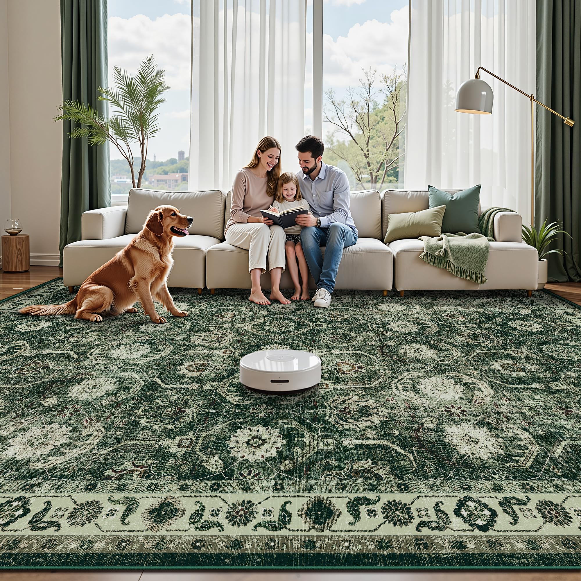 Woodbruy 5x7 Area Rugs, Soft Non Slip Low Pile Washable Rug, Boho Modern Rug for Living Room, Bedroom, Dining Room, Sage Green