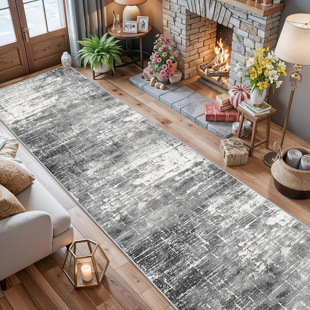Skiennix Abstract 14ft Long Runner Rug - Non-Slip, Washable, Low-Pile | Soft Black/Grey Indoor Carpet (2'6"x14')
