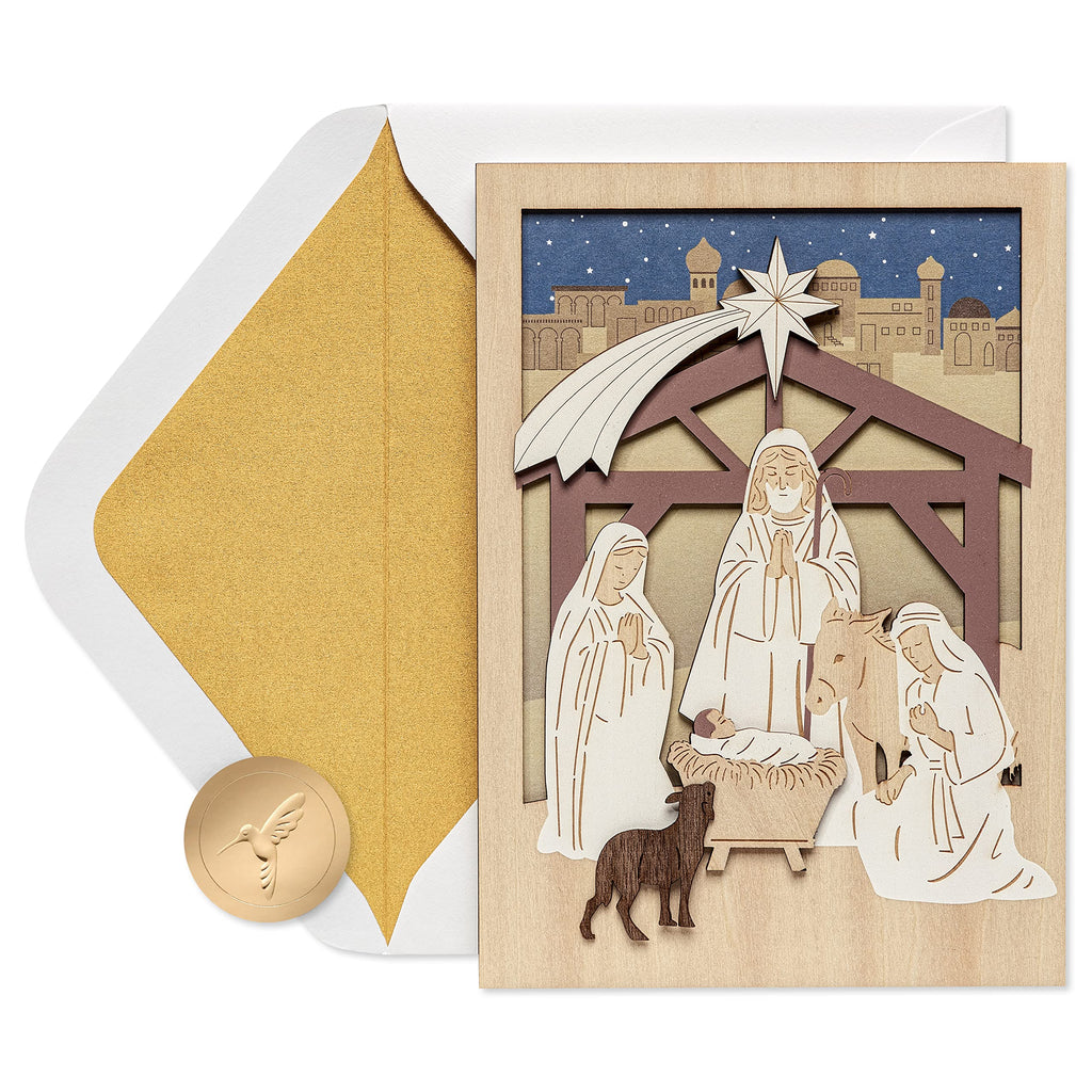 Papyrus Religious Christmas Card with Wooden Manger Nativity Scene (A Child is Born)