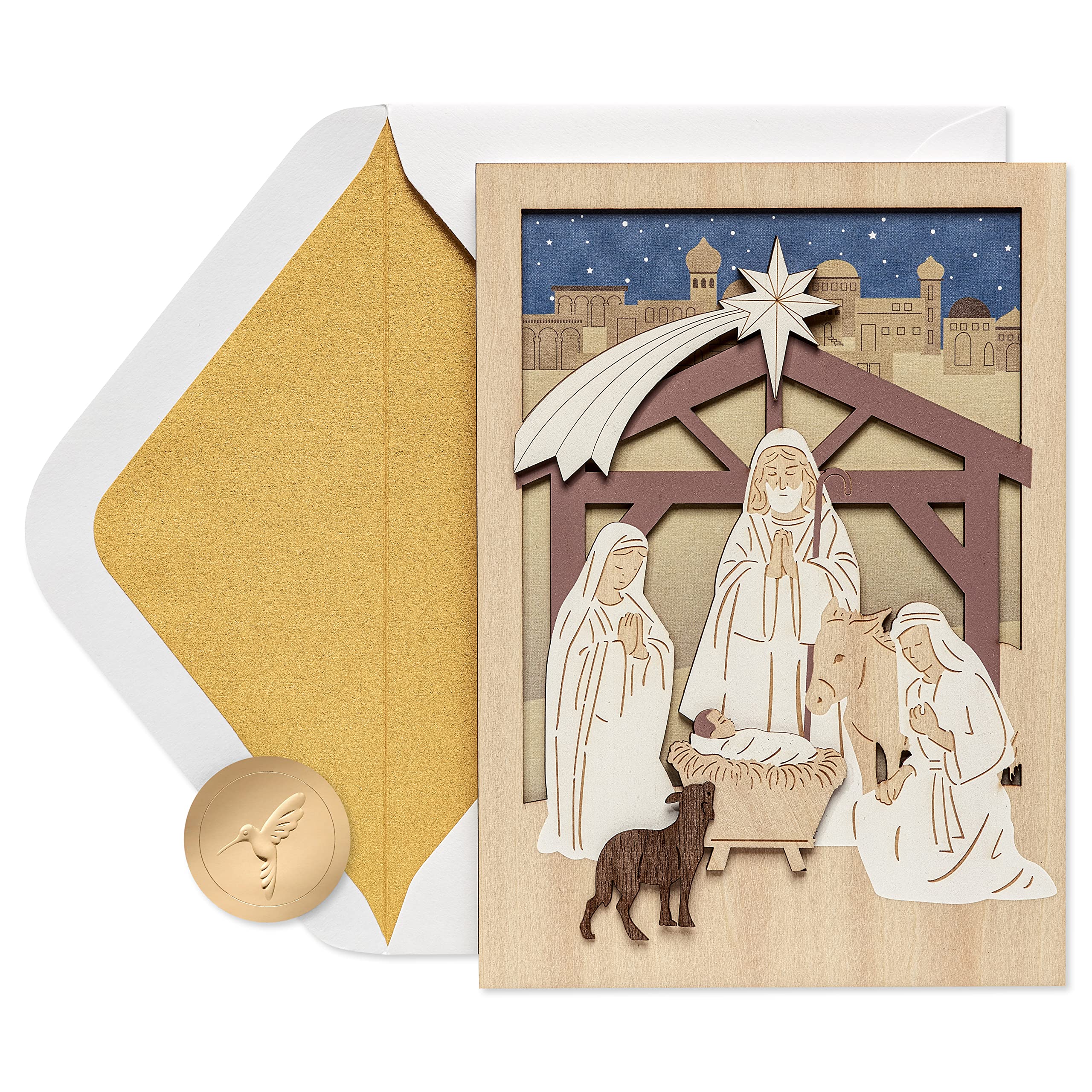 Papyrus Religious Christmas Card with Wooden Manger Nativity Scene (A Child is Born)