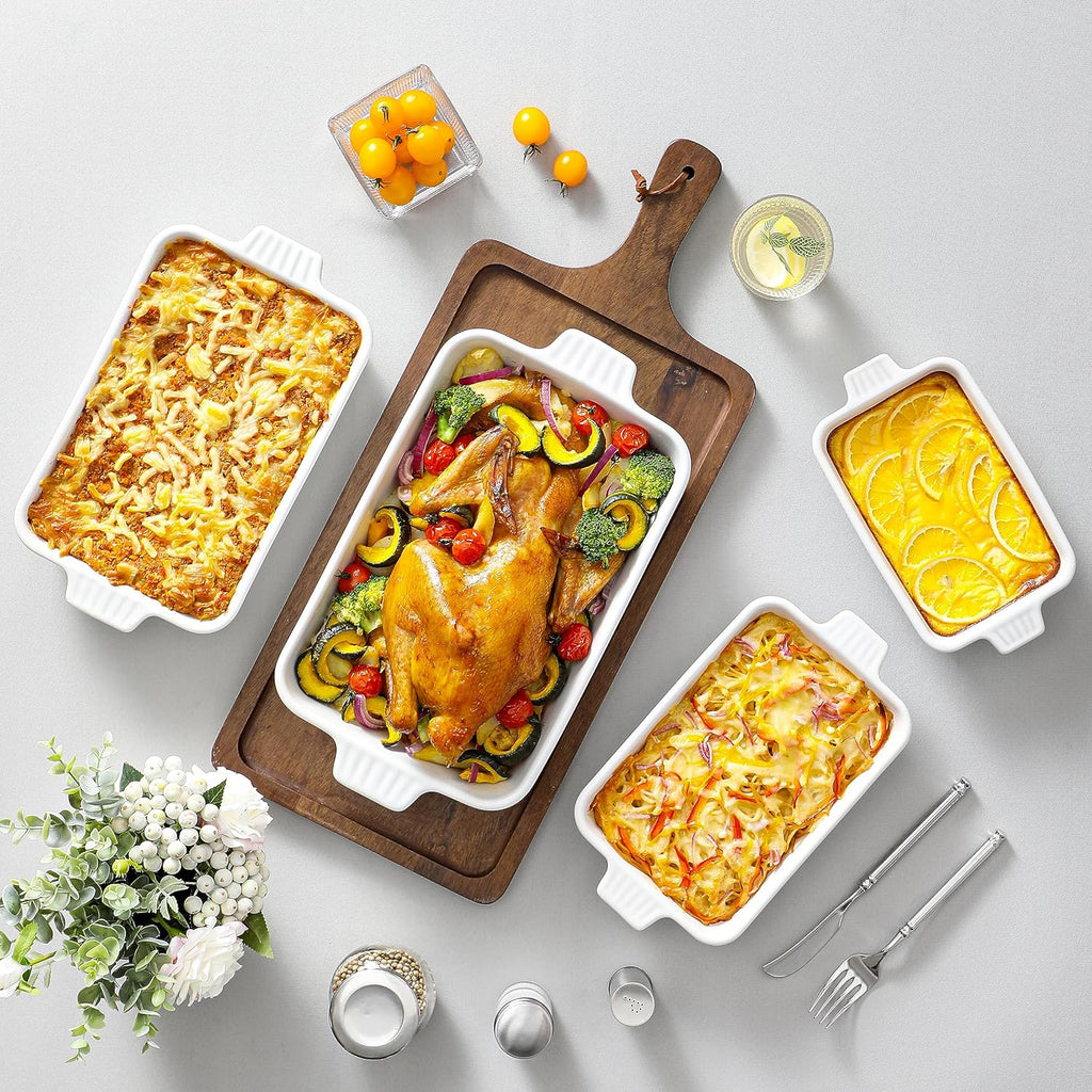 MALACASA Casserole Dishes - Porcelain Bakeware Set of 4 in White and Orange for Oven Cooking