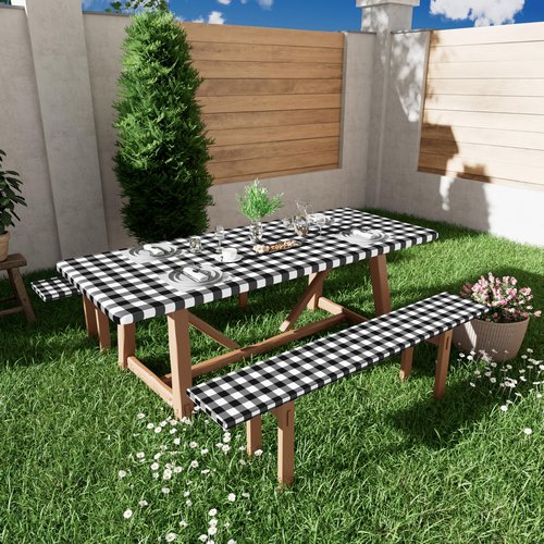 Smiry Picnic Table Cover with Bench Covers, Waterproof Elastic Fitted Tablecloths for 6 Foot Rectangle Tables, Washable Buffalo Plaid Tablecloth for Camping, Outdoor (Black & White, 30"x72")