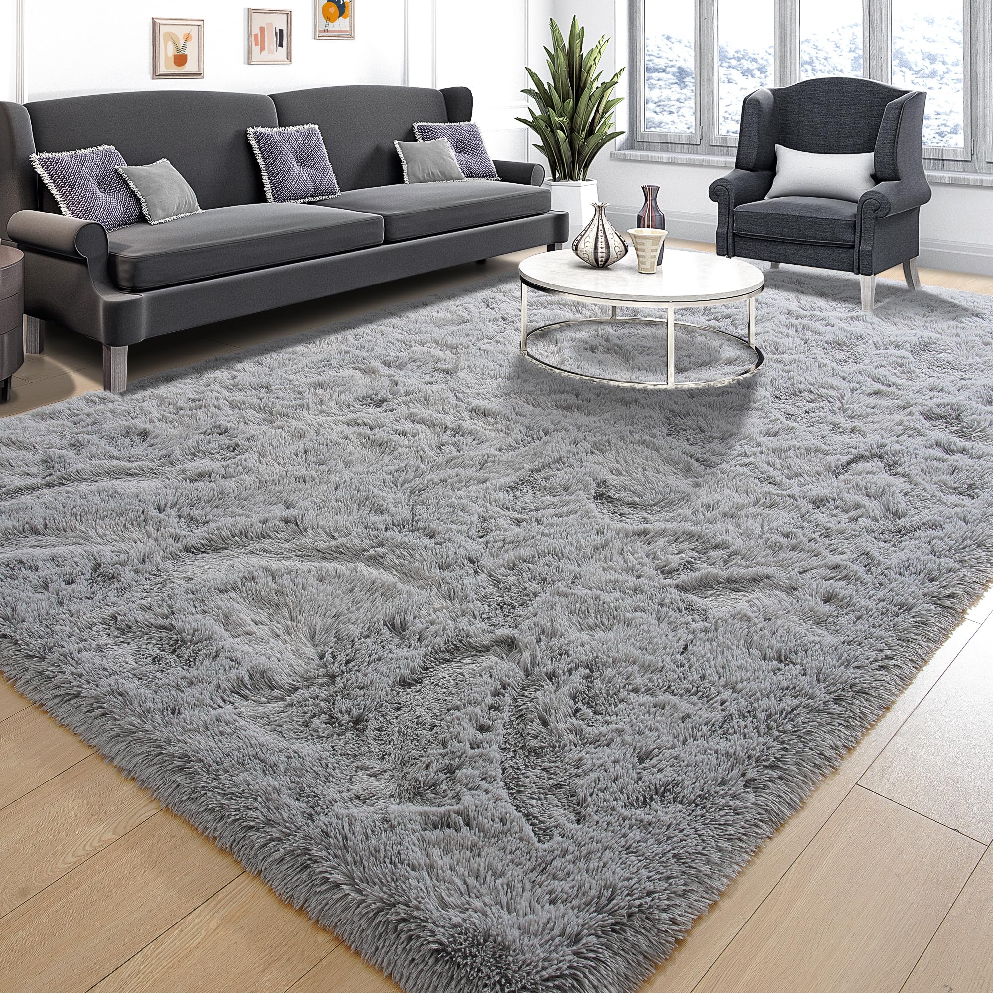 Tepook Fluffy Large Rugs for Living Room, Shag Area Rug 6x9 Soft Carpet for Bedroom, Modern Shaggy Rug for Kids Boys Girls, Plush Indoor Nursery Home Decor Rug with Non-Slip Bottom, Grey, 6 X 9 Feet