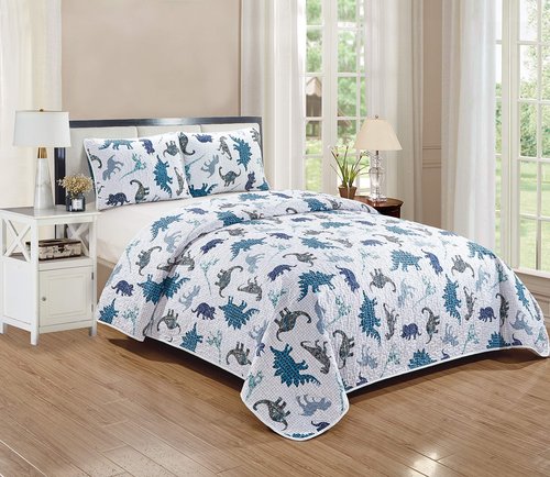 Quilt Bedspread Set Kids Dinosaur Green Orange Yellow Grey Cactus Plants New (Twin/Twin XL)