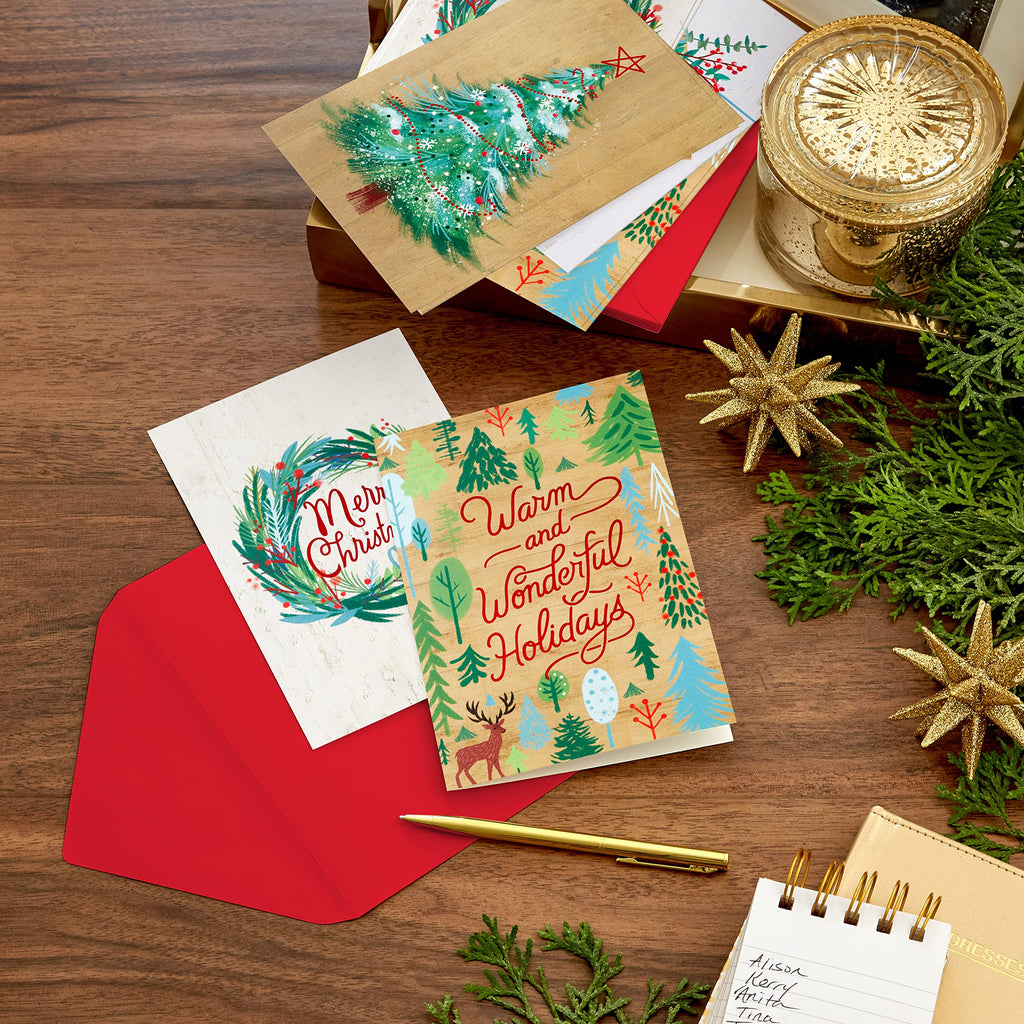 Hallmark Boxed Christmas Cards Assortment, Rustic Happy Holidays (4 Designs, 16 Cards and Envelopes)