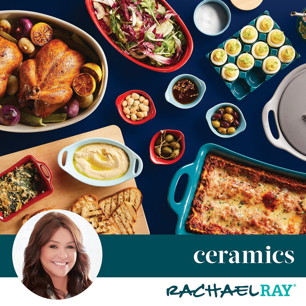 Rachael Ray Solid Glaze Ceramics Casserole Bakeware/Baker Set with Shared Lid, 3 Piece, Agave Blue
