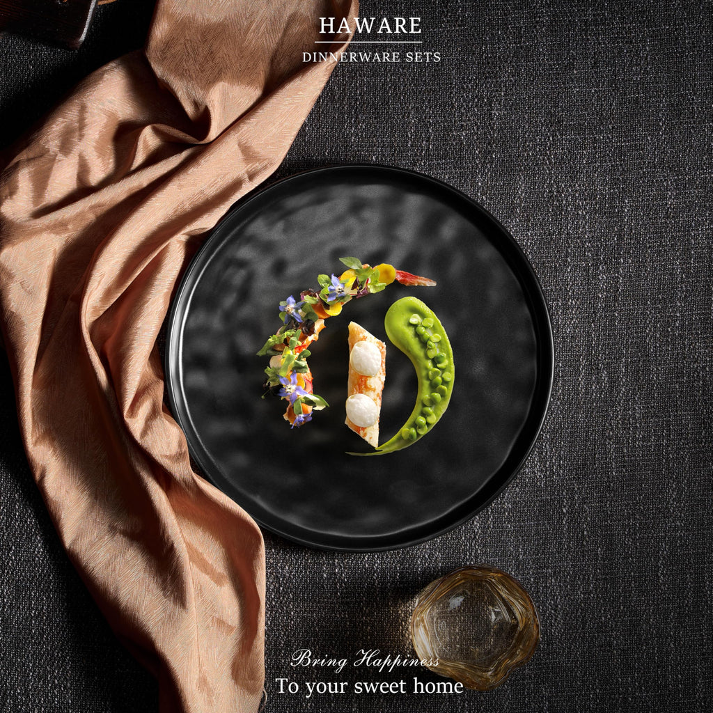 HaWare Stoneware Dinner Plates Set of 6, 10" Heavy Duty Ceramic Plate, Reactive Glaze Ripple Dinnerware for Home Restaurant, Chip and Scratch Resistant, Microwave and Dishwasher Safe, Matte Black