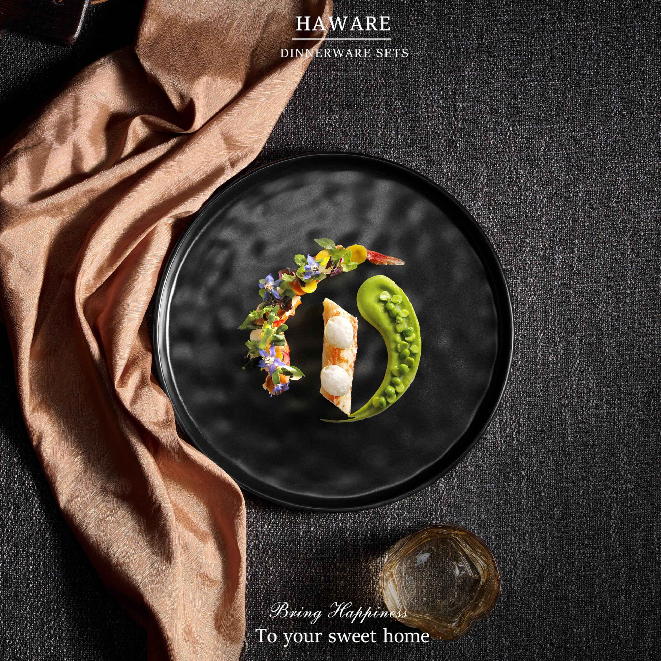 HaWare Stoneware Dinner Plates Set of 6, 10" Heavy Duty Ceramic Plate, Reactive Glaze Ripple Dinnerware for Home Restaurant, Chip and Scratch Resistant, Microwave and Dishwasher Safe, Matte Black