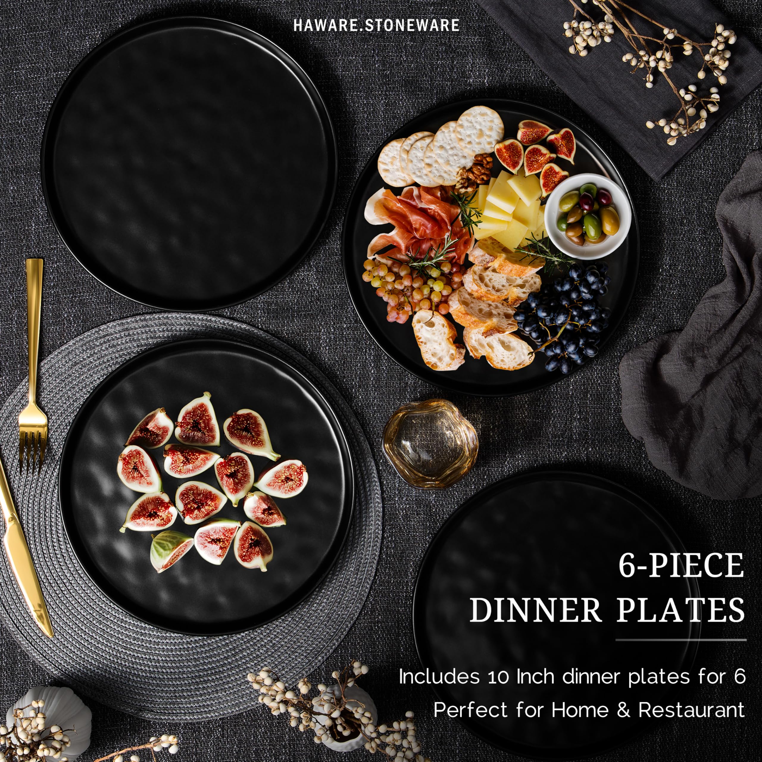 HaWare Stoneware Dinner Plates Set of 6, 10" Heavy Duty Ceramic Plate, Reactive Glaze Ripple Dinnerware for Home Restaurant, Chip and Scratch Resistant, Microwave and Dishwasher Safe, Matte Black