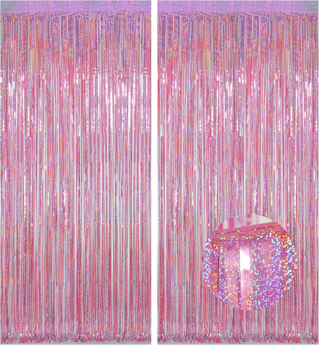 Melsan Pink Tinsel Curtains - Sparkling Metallic Foil Backdrop for Princess Birthday Parties | 3.2 ft x 8.2 ft, 2 Pack