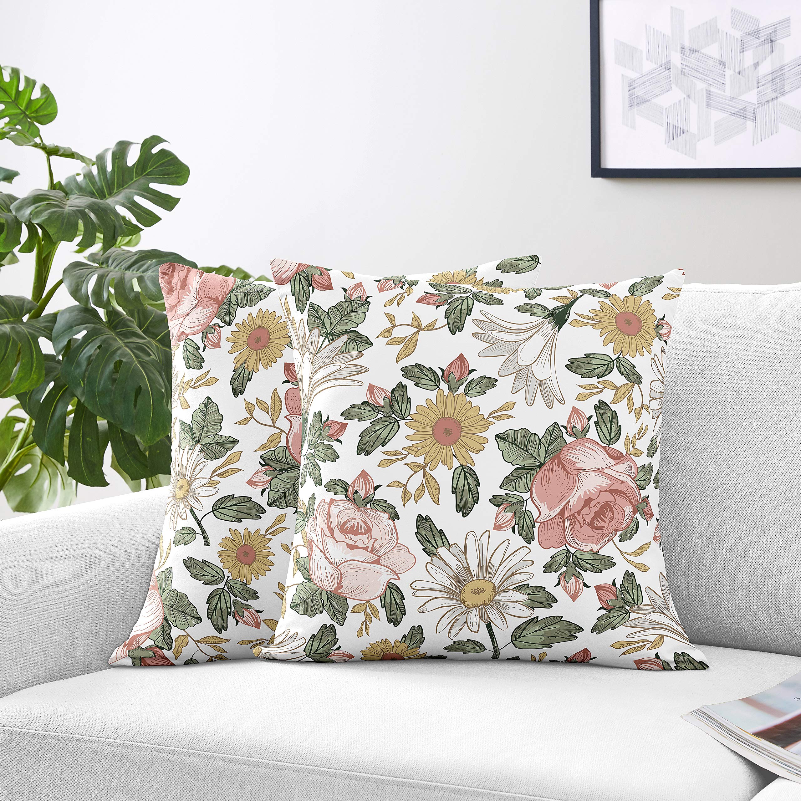 Sweet Jojo Designs Vintage Floral Boho Girl Decorative Throw Pillow Covers Couch Bed Square Home Decor Accent Set of 2 18x18 Pillows NOT Included Blush Pink Yellow Green Bohemian Shabby Chic Farmhouse