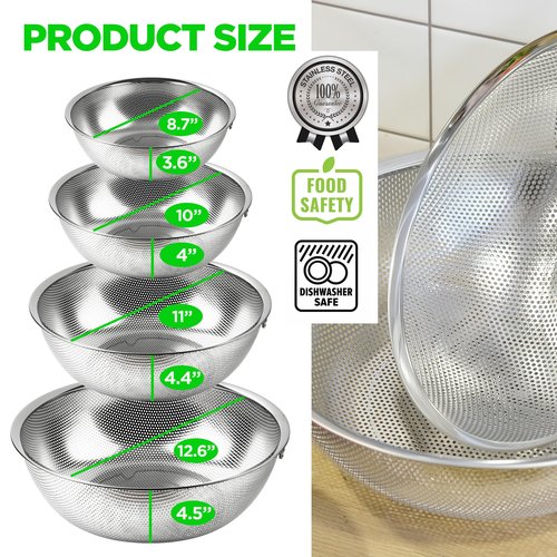 COMPORT K Premium 18/8 304 Stainless Steel Micro-Perforated Small and Big Colander Set of 4 with rings - 3.5-5.5-7.5-9.5 Quart Set, Self-Draining Solid Base for Pasta, Fruits, Vegetables