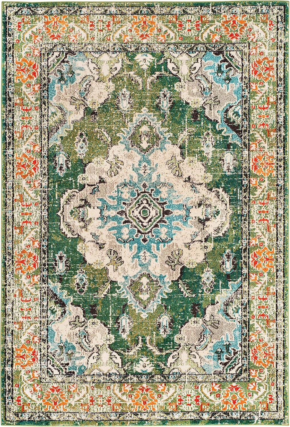 SAFAVIEH Monaco Collection Area Rug - 8' x 10', Forest Green & Light Blue, Non-Shedding | Easy to Clean Medallion Design