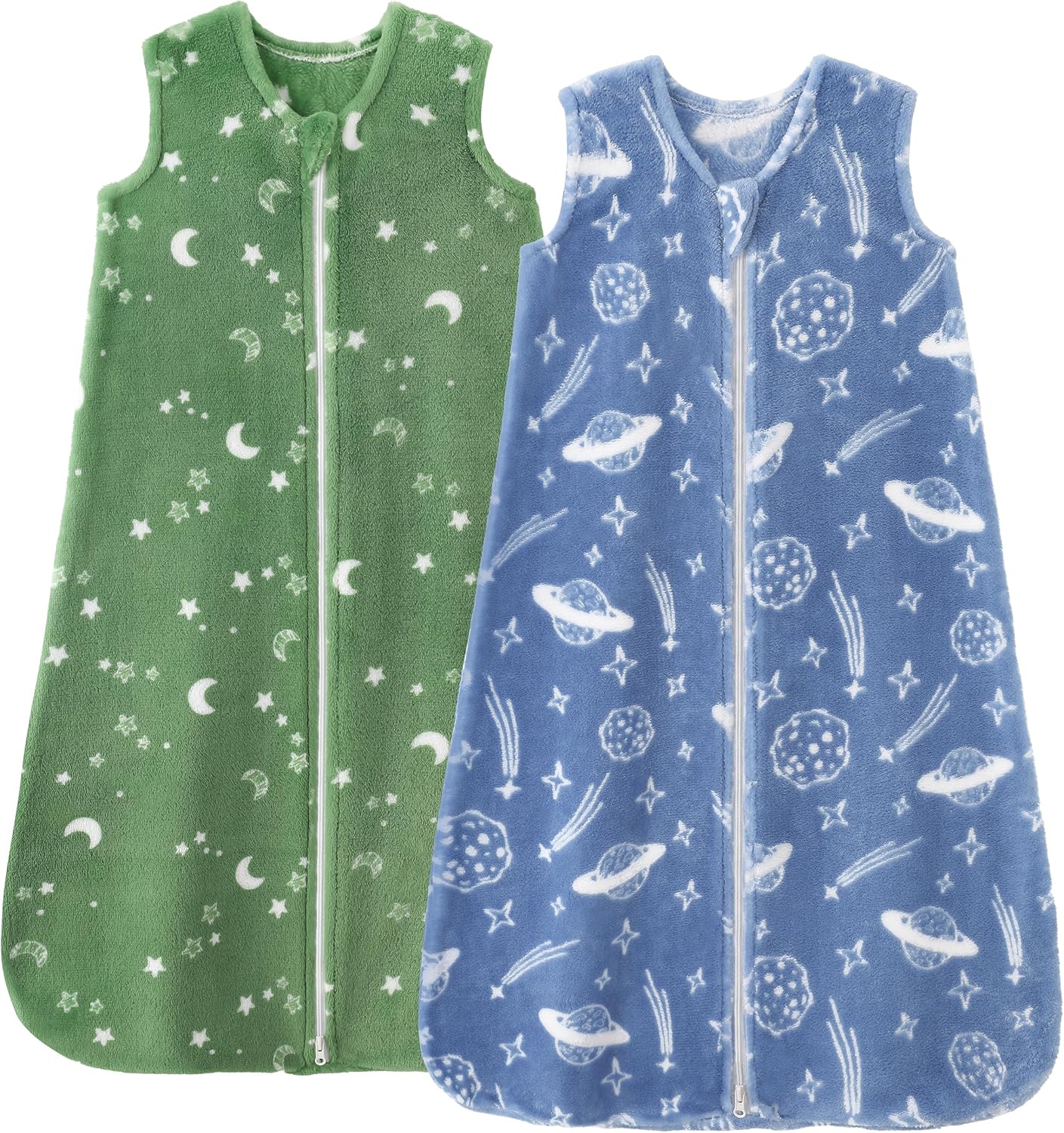 Unnivoll Fleece Baby Sleep Sack - 2.0 Tog Wearable Blanket with 2-Way Zipper | 6-12 Months, Medium Blue Green Planet
