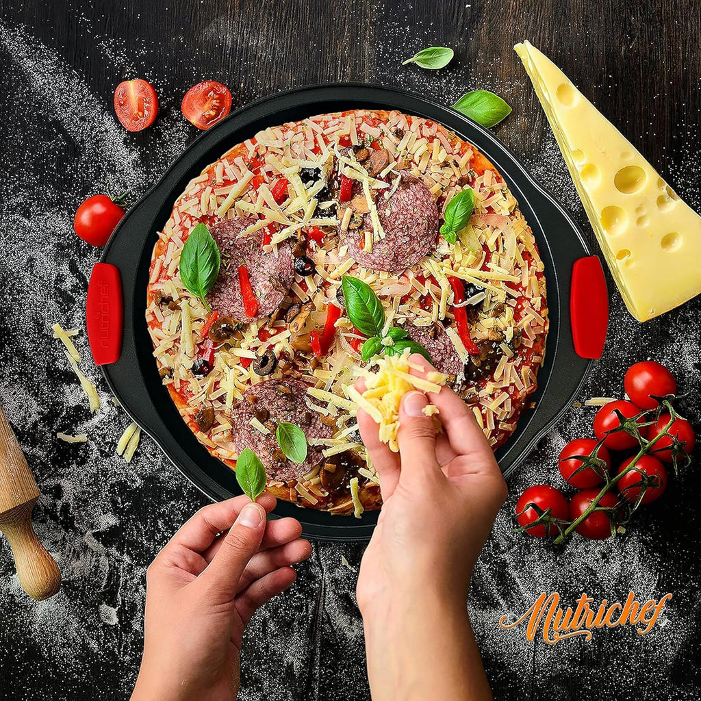 NutriChef 13-Inch Nonstick Pizza Tray | Round Carbon Steel Pan with Perforated Holes & Silicone Grip Handles