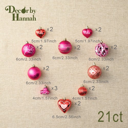 DecorbyHannah Valentines Day Ornaments Tree Decorations, 21ct Pink Red Heart Shaped Ornament Set for Tree, Valentine's Day Large Shatterproof Hanging Christmas Ball for Wedding Anniversary Party
