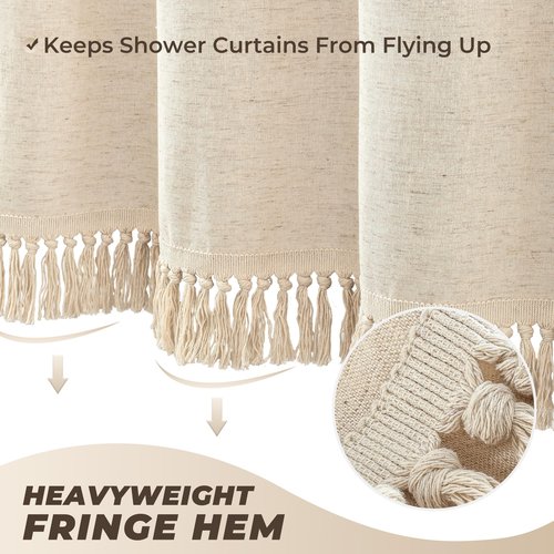 TURKIO Linen Shower Curtain Boho Beige Shower Curtains for Bathroom Thick Fabric Shower Curtain with Tassels Neutral Shower Curtains Rustic Farmhouse Bath Decor 72 Inch