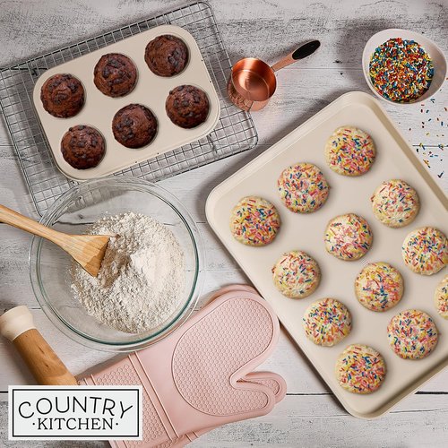 Country Kitchen Nonstick Bakeware Set - Deluxe 13-Piece Heavy Duty Baking Set in Pink with Easy Release Handles