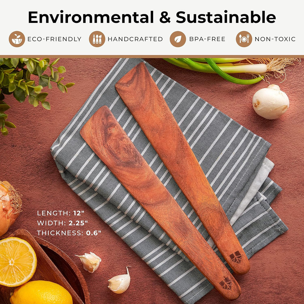 Skiennix Wooden Spatula Set of 2 | 12-Inch Teak Turner & Flipper for Non-Stick Cookware - BPA Free & Heat Resistant
