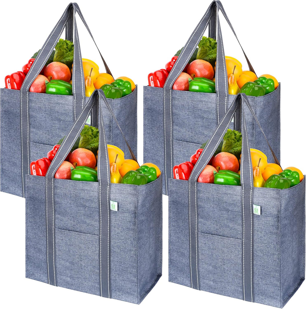VENO Reusable Grocery Bags - Heavy-Duty Shopping Bags with Handles | Foldable & Upright Design (Gray, 4 Pack)