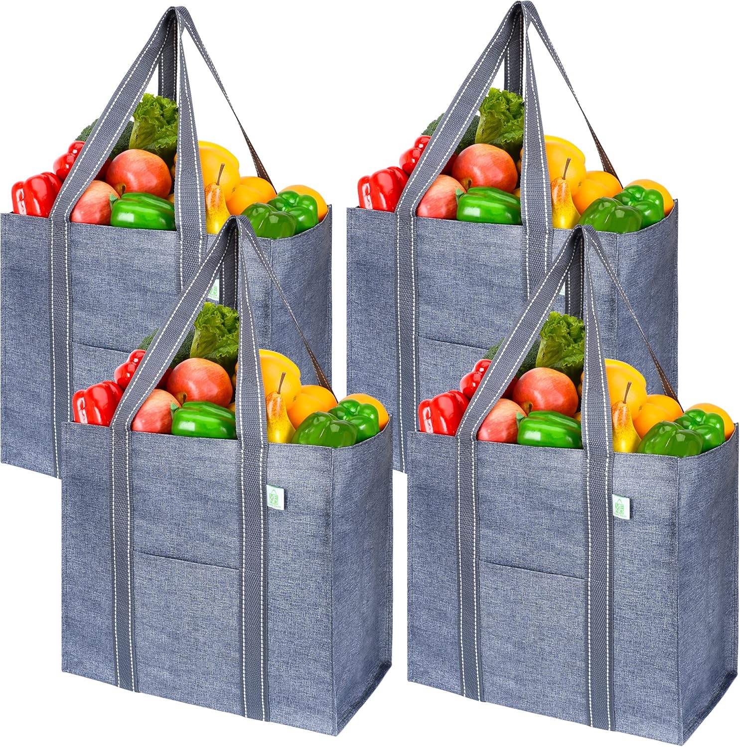 VENO Reusable Grocery Bags - Heavy-Duty Shopping Bags with Handles | Foldable & Upright Design (Gray, 4 Pack)