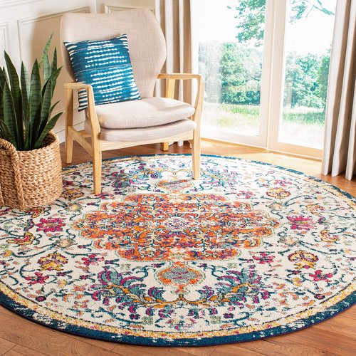 SAFAVIEH Madison Collection Area Rug - 3' Round, Ivory & Orange, Boho Chic Medallion Distressed Design, Non-Shedding & Easy Care, Ideal for High Traffic Areas in Living Room, Bedroom (MAD447A)