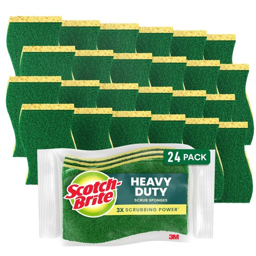 Scotch-Brite Heavy Duty Scrub Sponge, 24 Kitchen Sponges Designed for Tough Messes in the Kitchen that Last 3X Longer*, Best for Cast Iron Skillets and Outdoor Grills, Flexible, Durable, and Strong